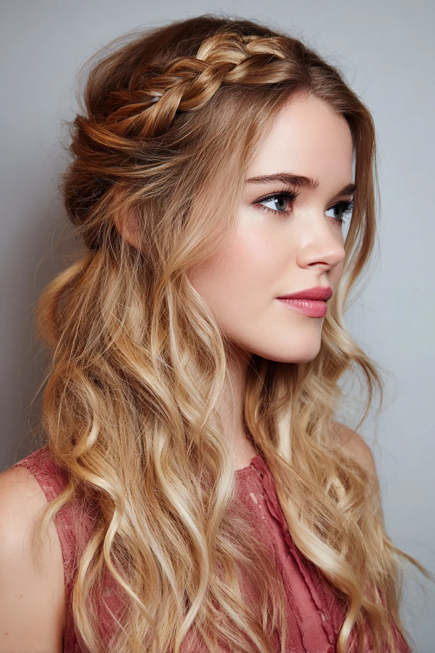 Braided Crown Half-Up with Loose Beach Waves