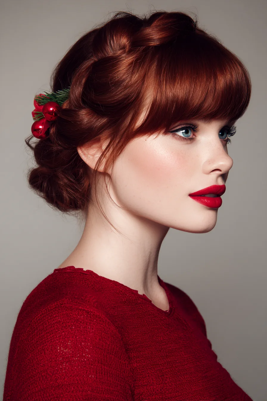 Braided Crown Updo with Blunt Fringe — Romantic Holiday Updo
