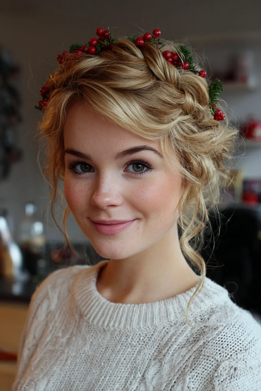 Braided Crown Updo with Loose Face‑Framing Tendrils