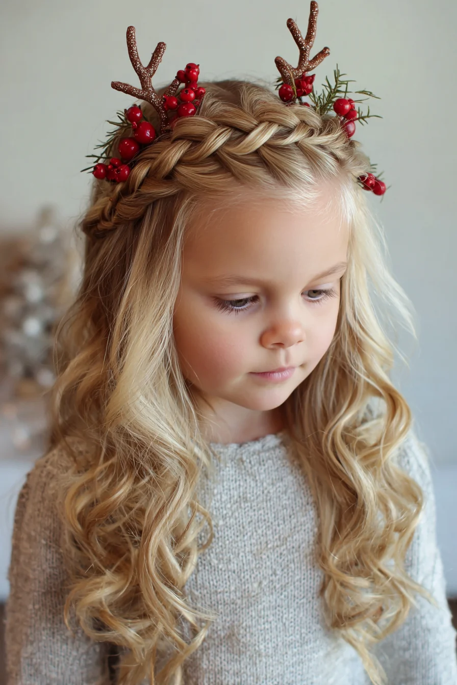 Braided Crown with Loose Waves and Festive Floral Accents