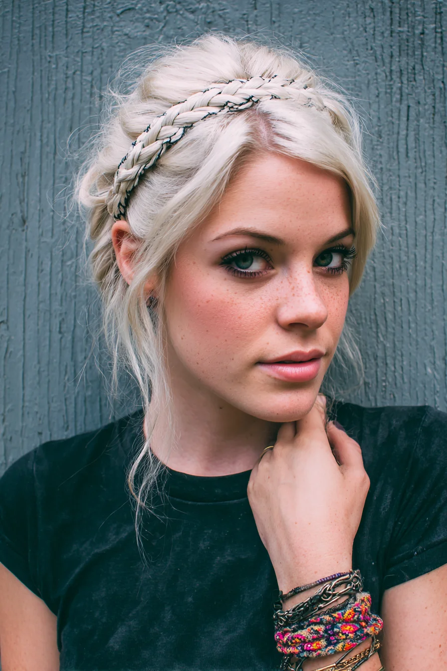 Braided Halo Updo with Textured Face‑Framing Pieces (Platinum Blonde)