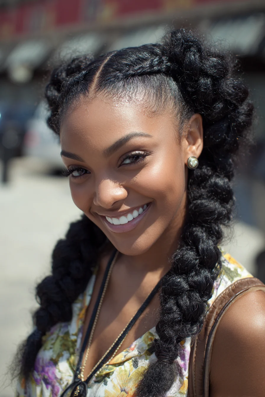Center-Part Feed-In Cornrows with Chunky Textured Braided Pigtails