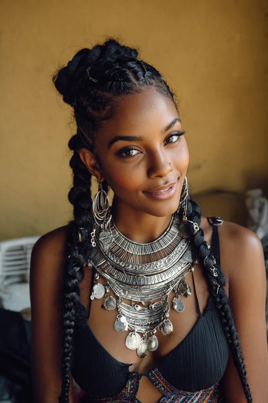 Chunky Cornrow Feed‑In Braids with Top Knot and Long Box Braids