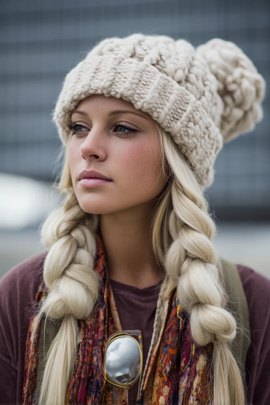Chunky Double Braids with Beanie — Boho Winter Braided Hairstyle