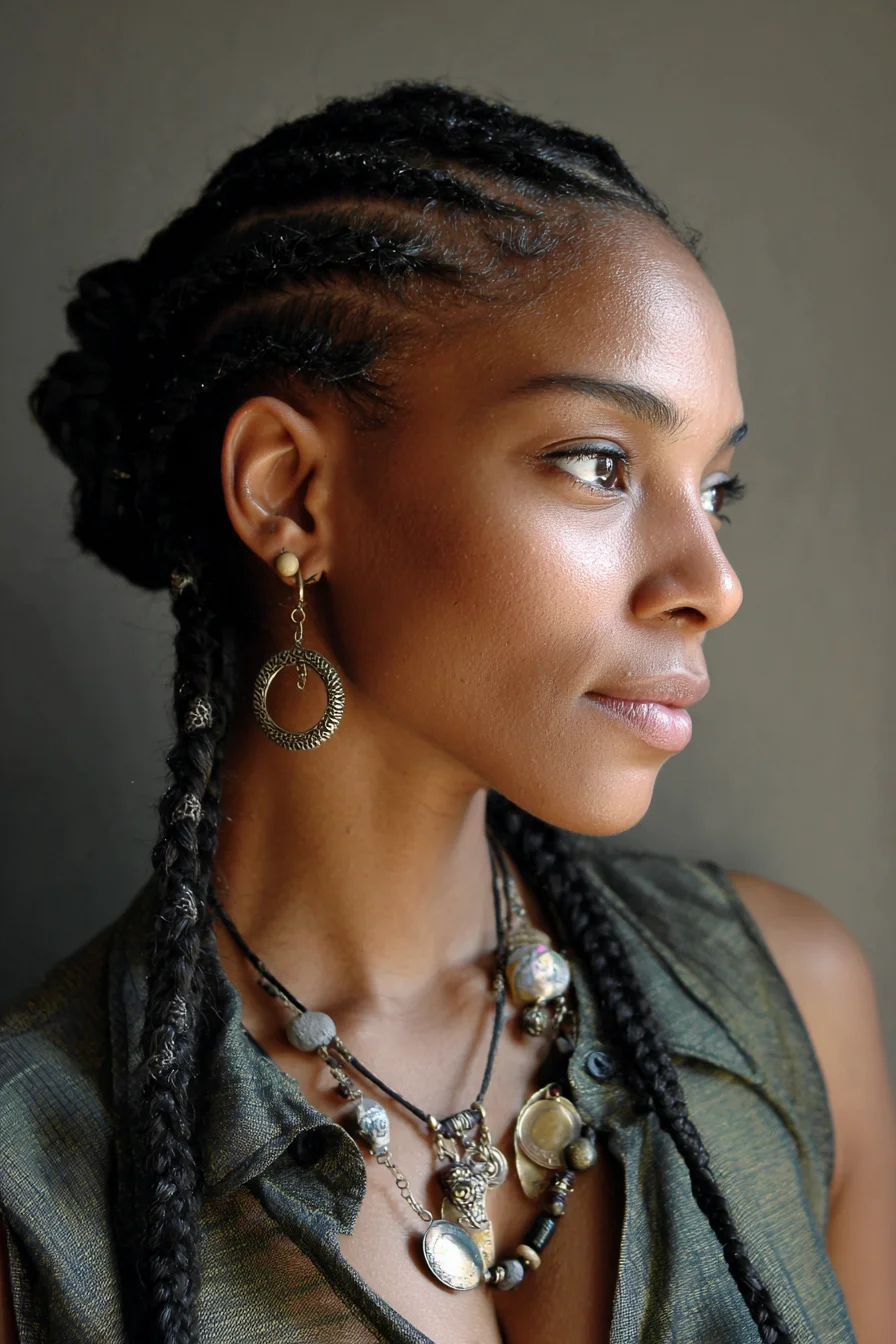 Cornrow Braids into Low Bun with Long Plaits — Protective Natural Hair Style