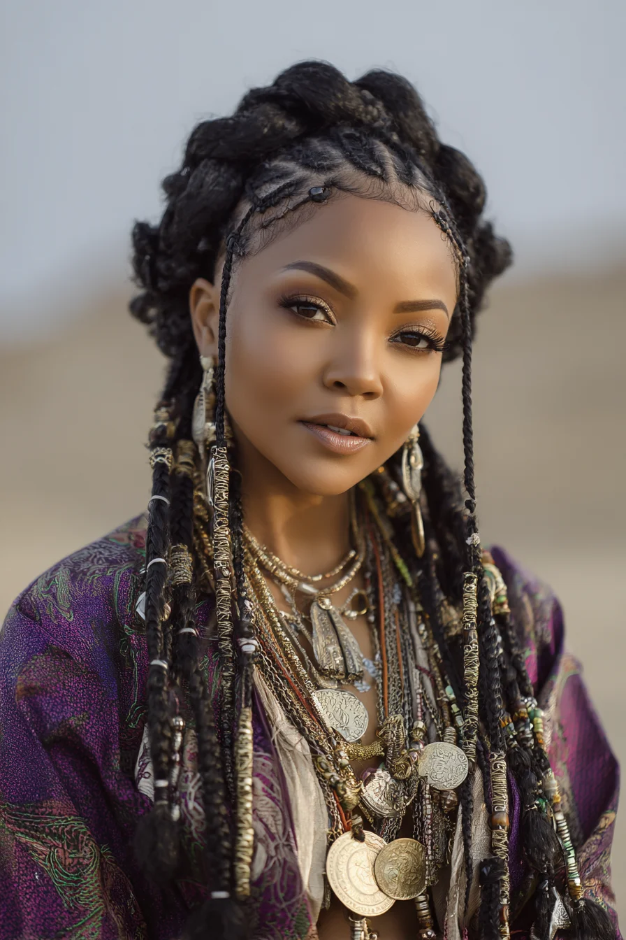 Cornrow Crown with Long Wrapped Braids and Bohemian Accessories