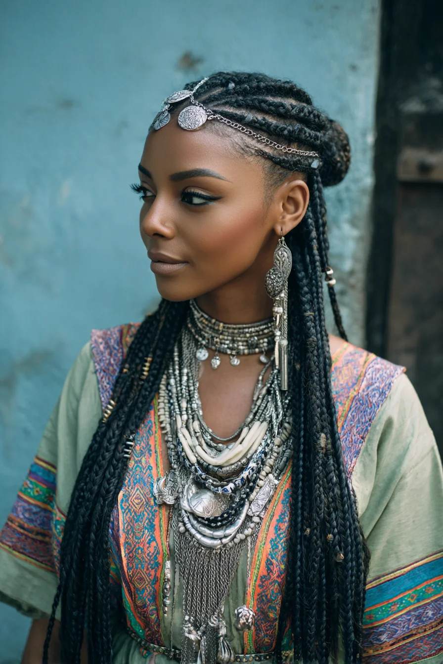 Cornrow Halo with Long Box Braids and Decorative Chains