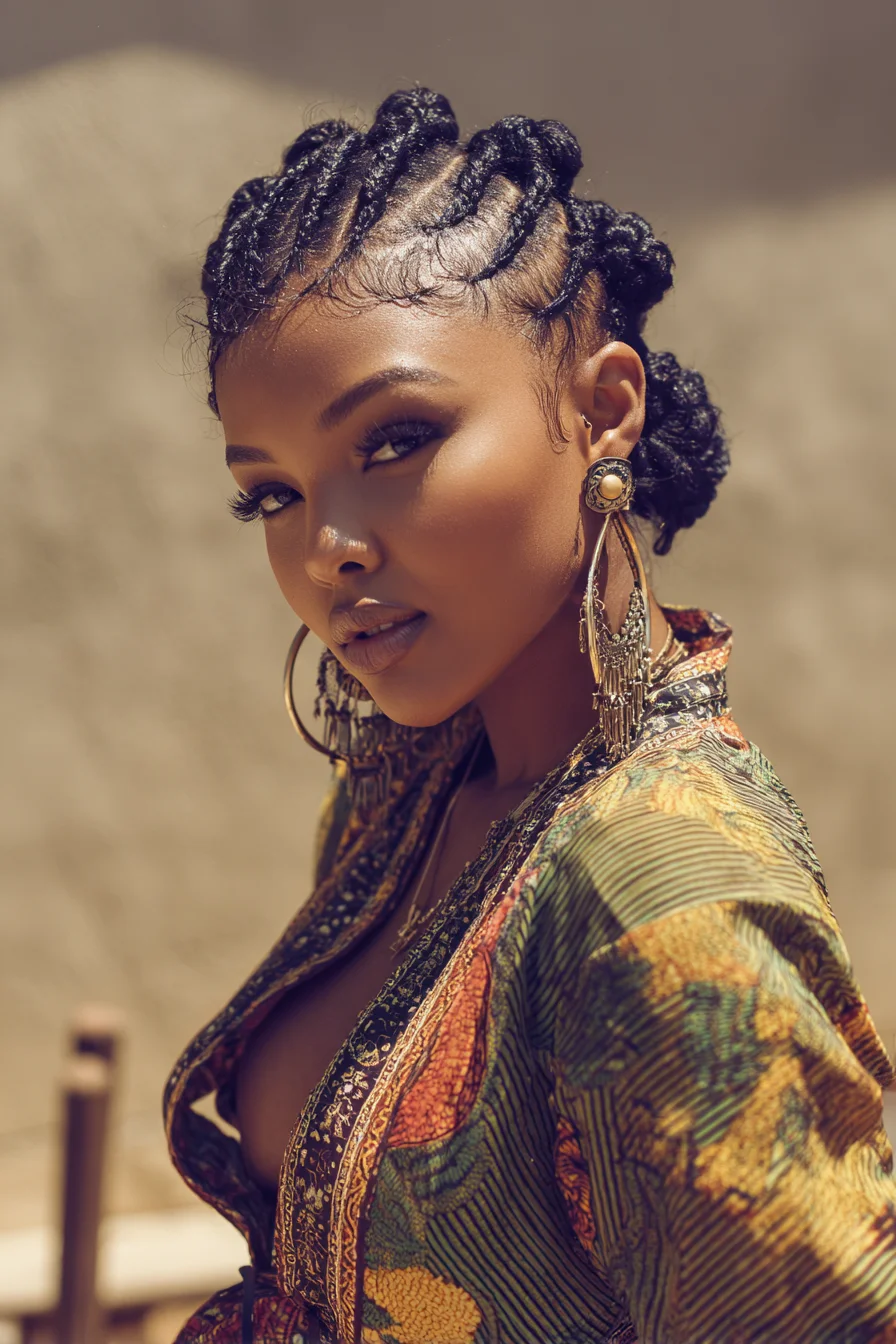 Cornrow Twists Into Bantu-Knot Updo with Sleek Baby Hairs