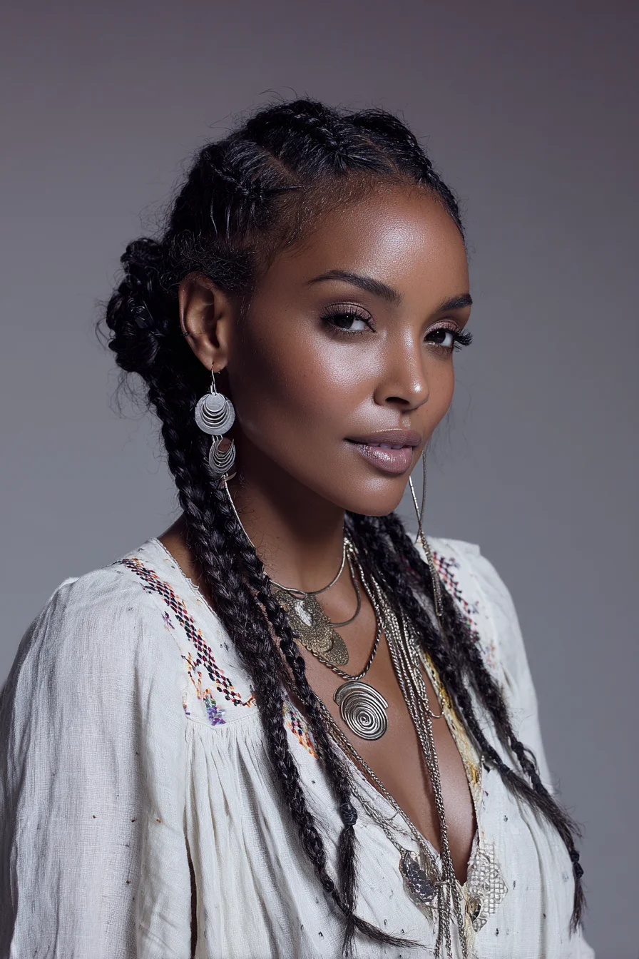 Cornrowed Feed‑In Braids with Low Braided Bun — Protective Braided Style