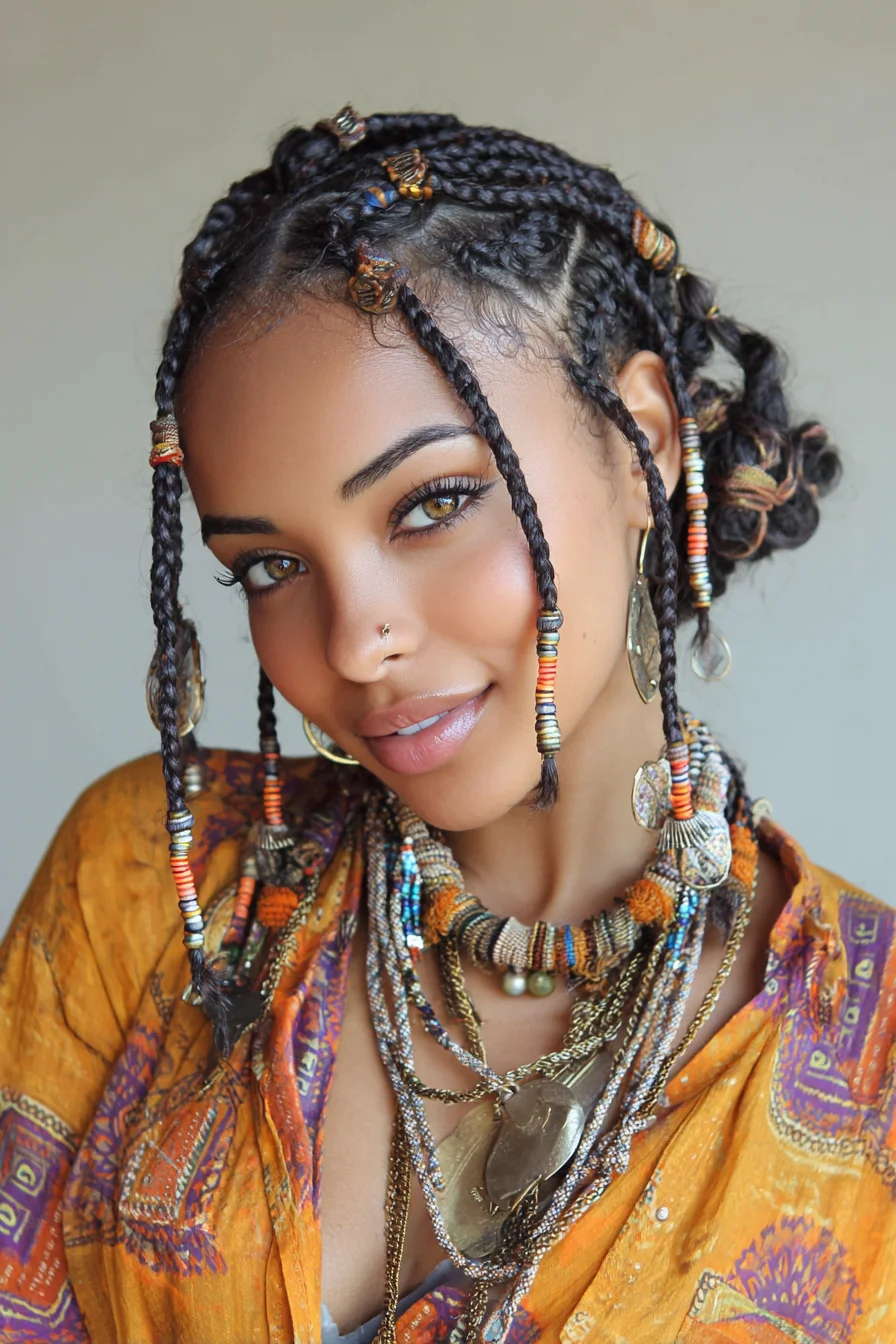 Cornrowed Front to Beaded Knotless Braids with Low Wrapped Bun