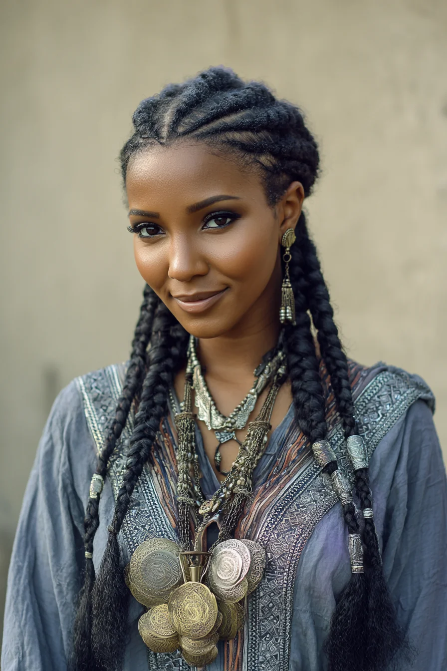 Cornrowed Top with Long Tribal Braids and Decorative Hair Cuffs
