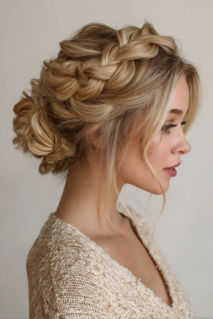 Crown Braid into Low Messy Bun — Romantic Braided Updo for Medium to Long Hair