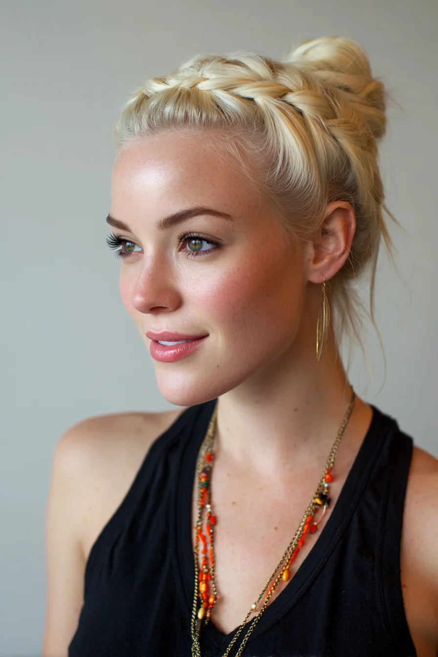 Crown Braid into Messy High Bun — Braided Updo for Fine to Medium Hair