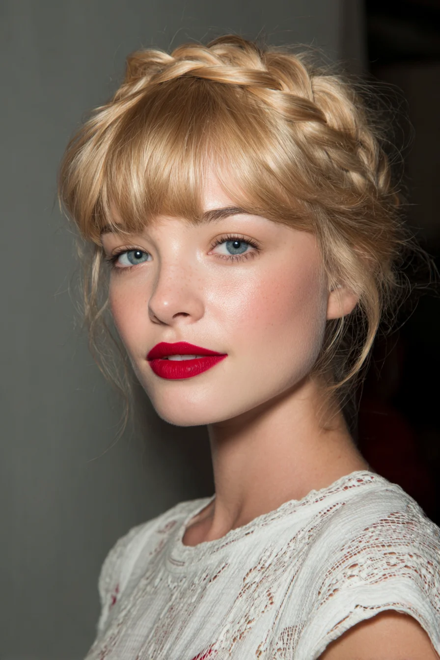 Crown Halo Braid with Blunt Fringe — Braided Updo for Fine to Medium Hair