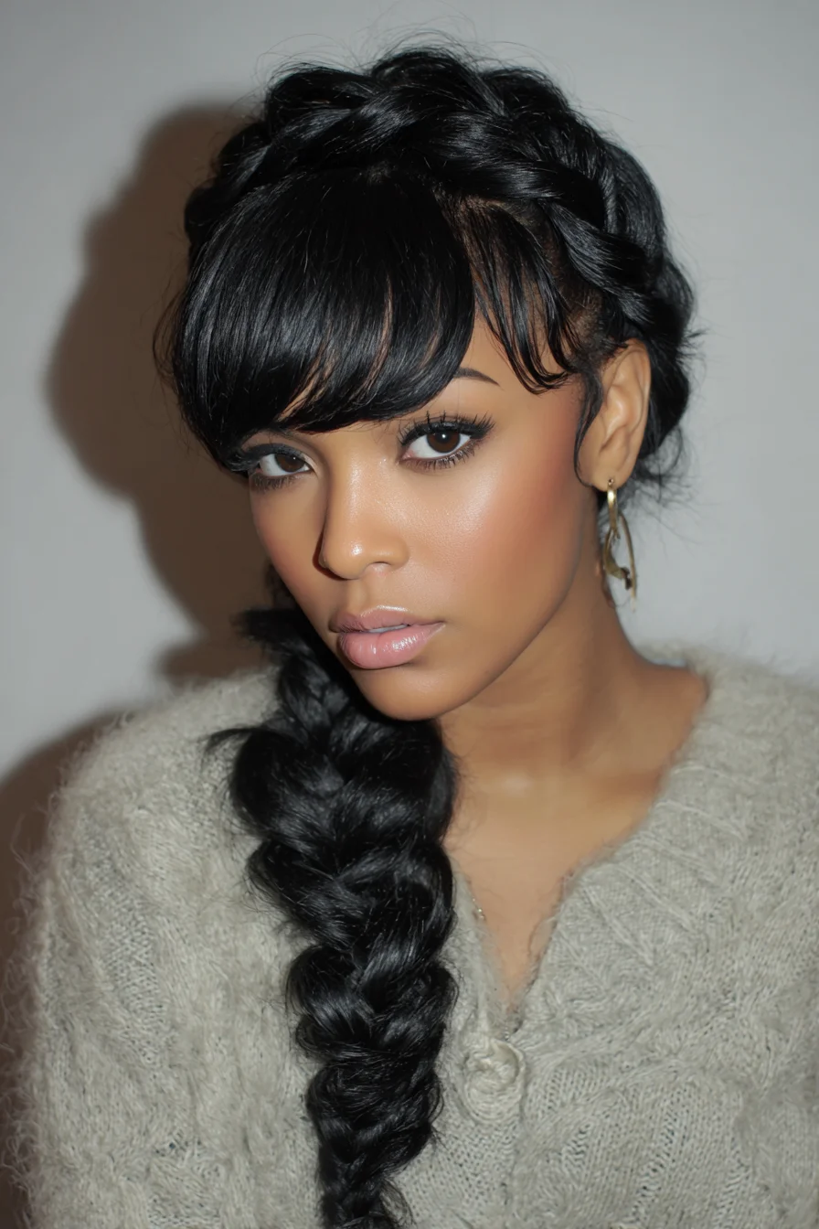 Crown-to-Side Chunky Braid with Blunt Fringe — Braided Updo for Thick Hair