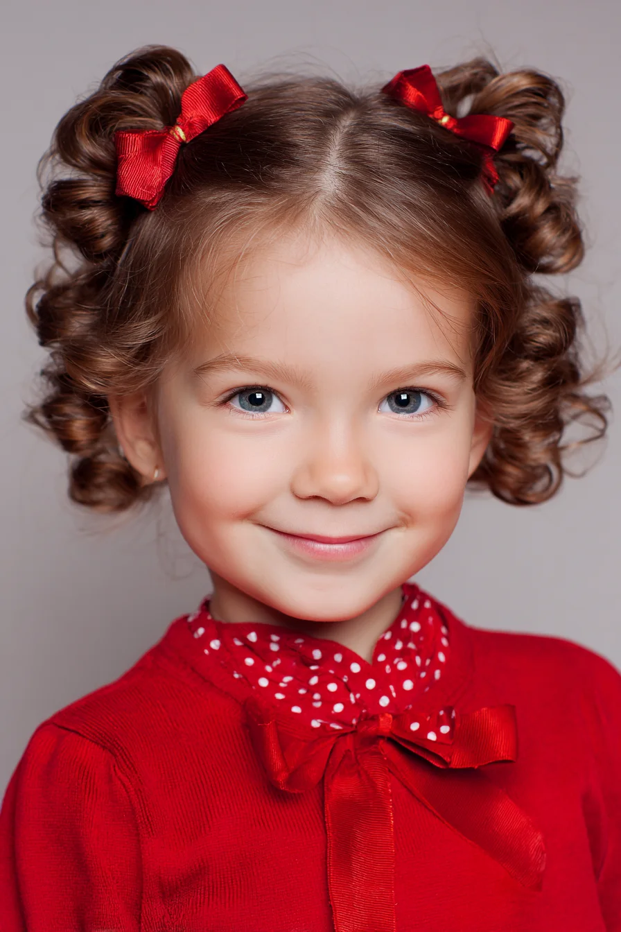 Curly Double Buns with Ribbon Bows — Curled Pigtails
