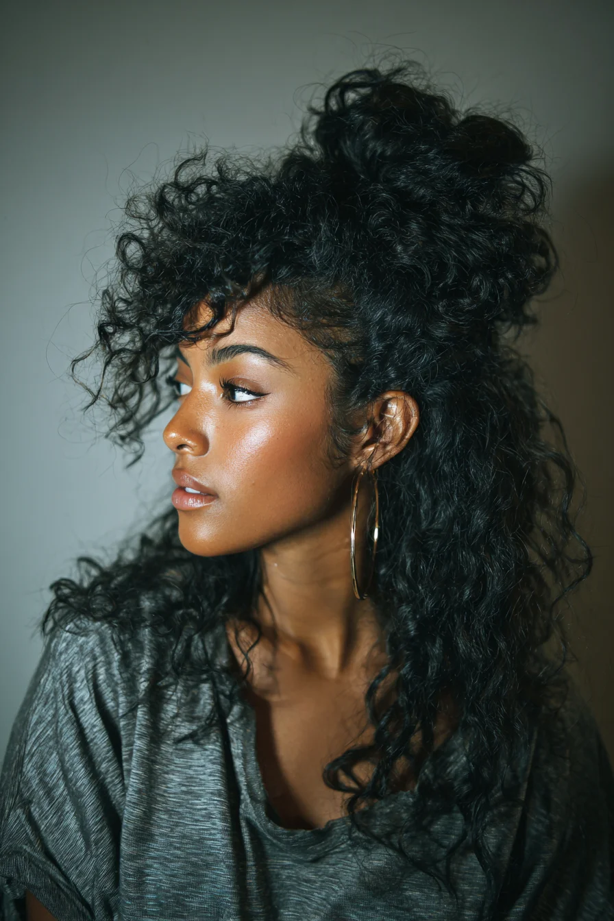 Curly Half-Up Messy Top Knot with Face‑Framing Curls