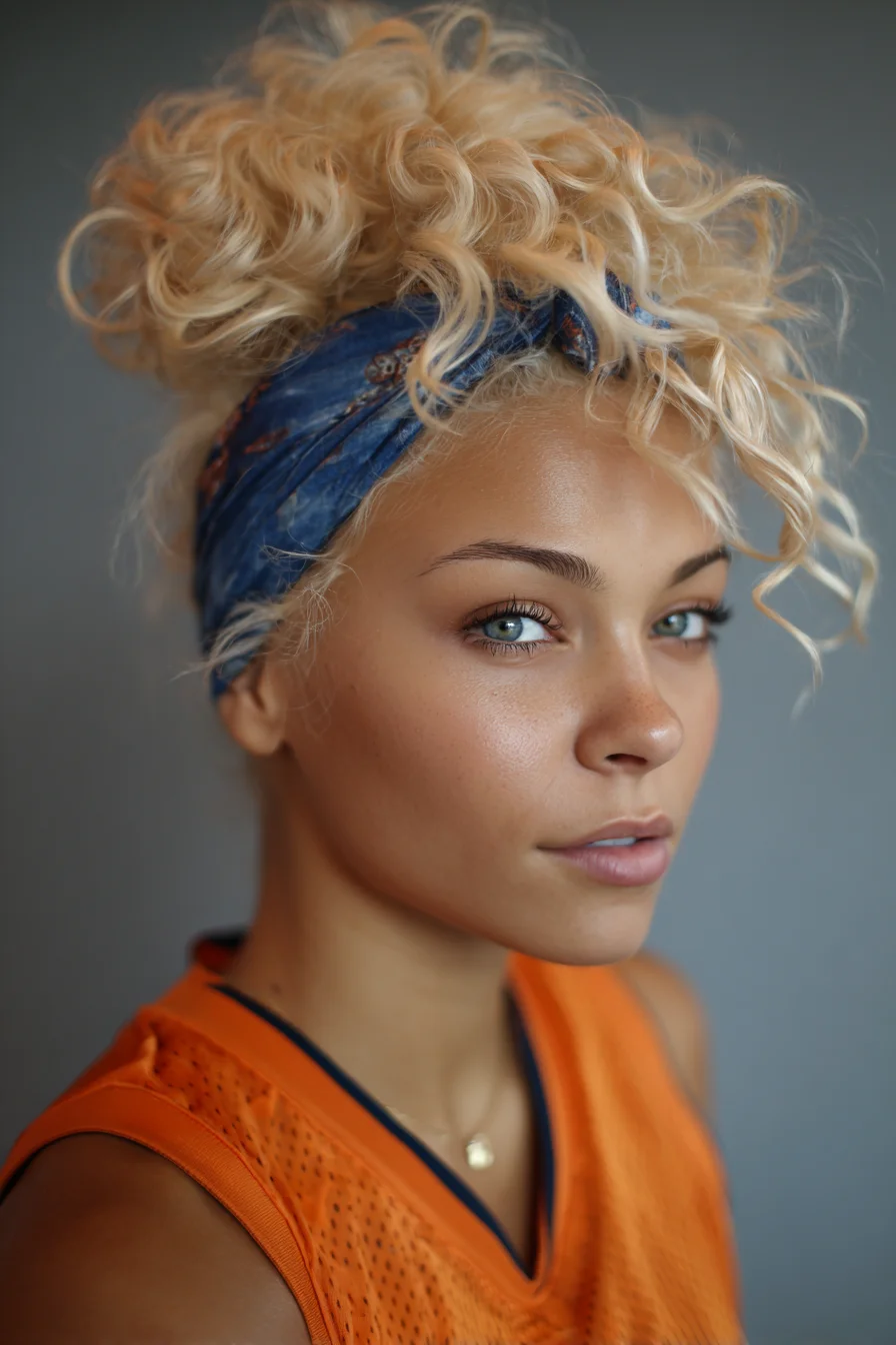 Curly High Bun with Headband — Textured Messy Updo for Natural Curls