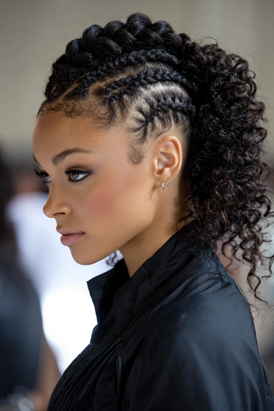 Curly High Mohawk with Feed-In Cornrows and Defined Ponytail