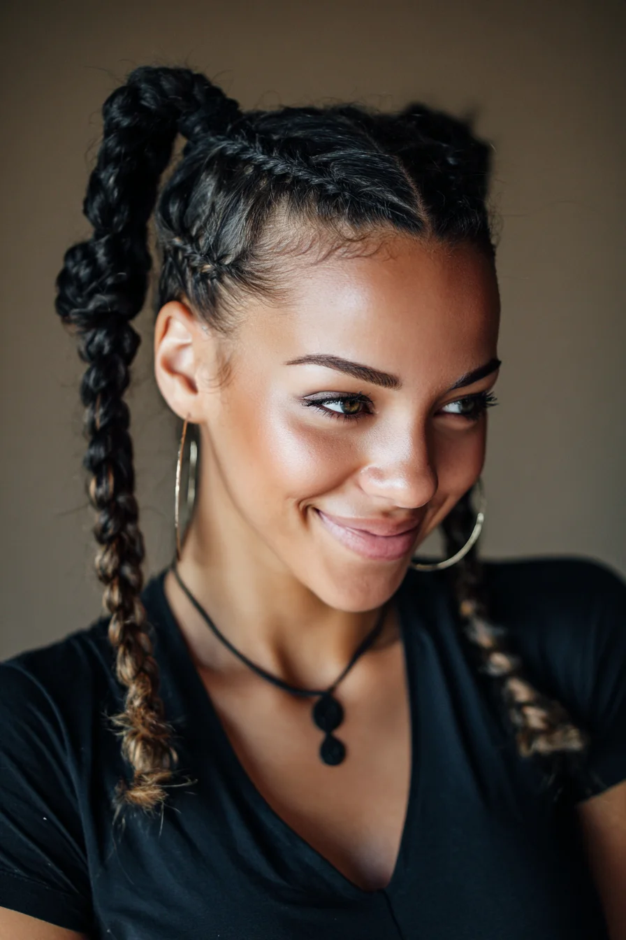 Double Dutch Braids into High Textured Braided Ponytails