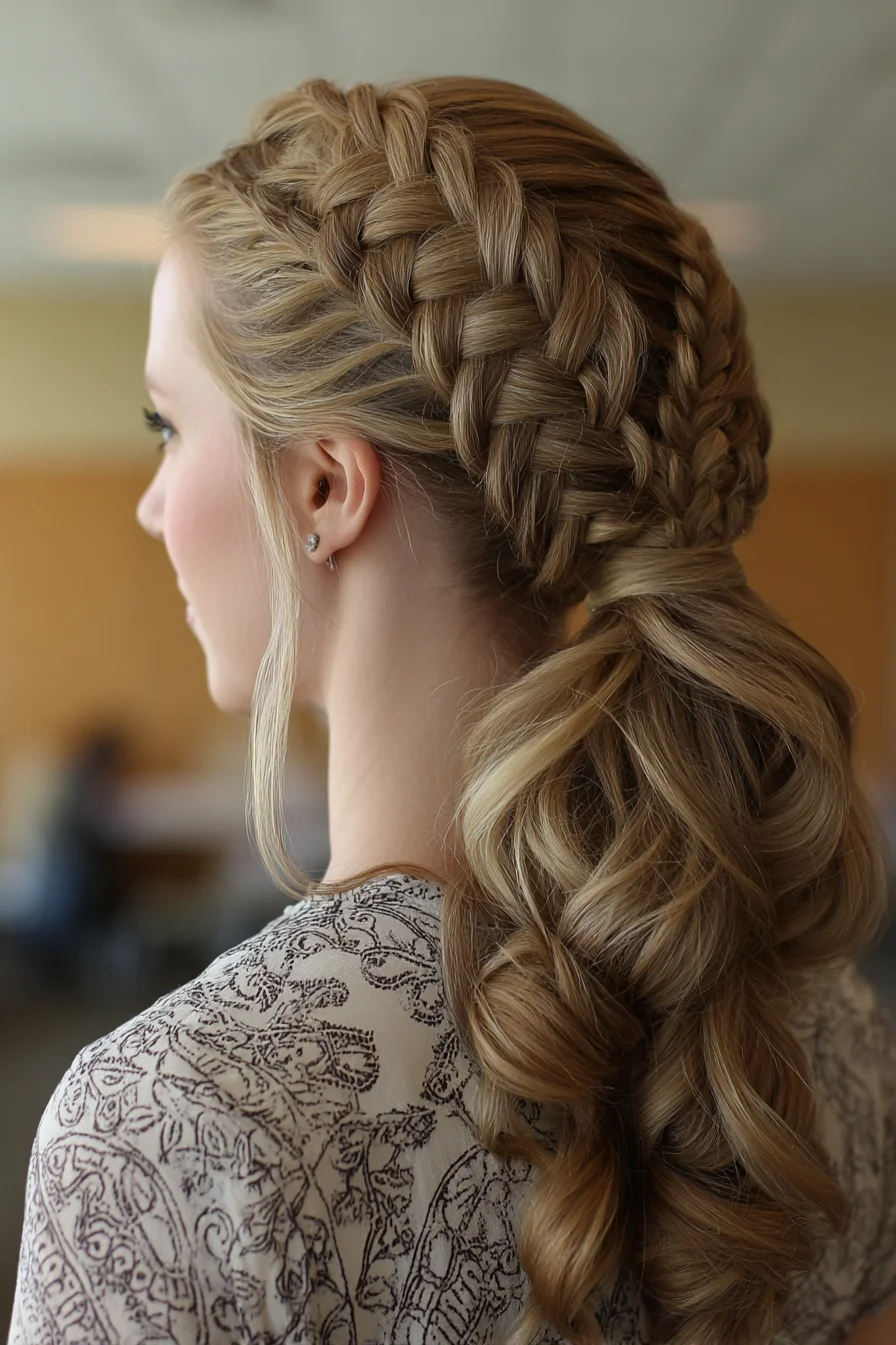 Double Dutch Crown Braids Leading to a Voluminous Curled Low Ponytail