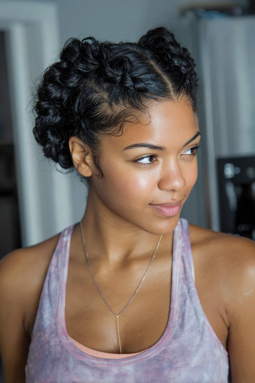 Double Flat-Twist Crown into Textured Low Buns — Protective Style for Curly Hair