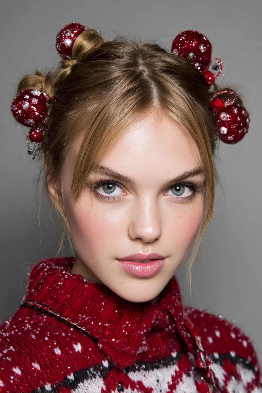 Double space buns with decorative ornaments, curtain bangs and face‑framing tendrils