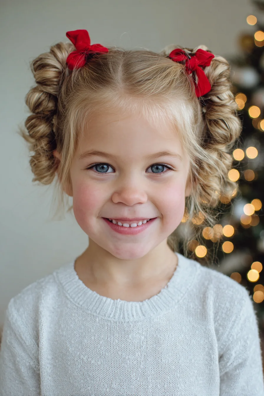 Double Twisted Buns with Ribbon Accents — Kids Curly Party Hairstyle