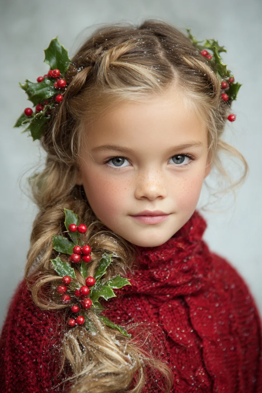 Elegant Side Braid with Braided Crown and Holiday Berry Accents