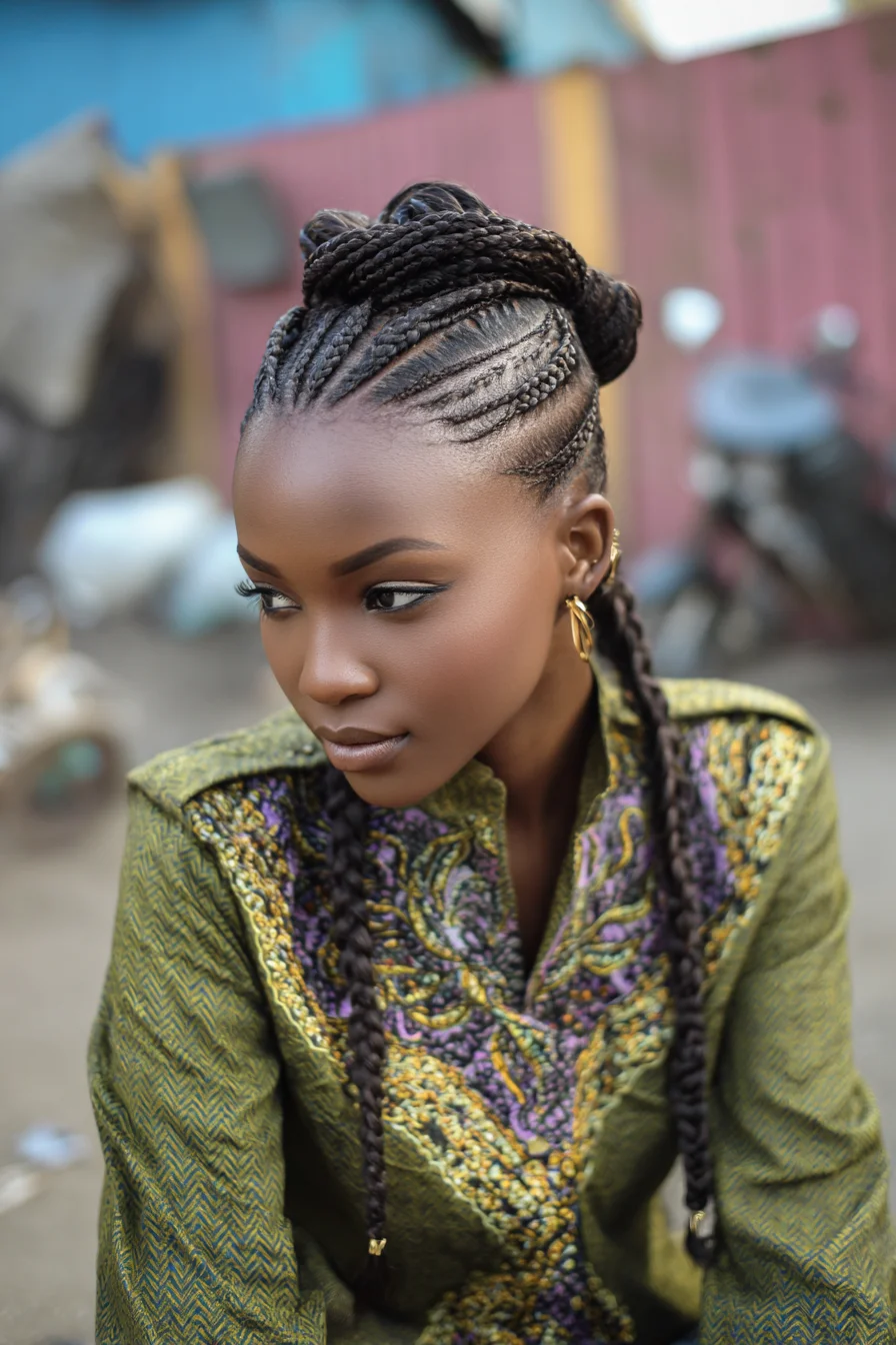 Feed-in Cornrow Braids with Braided Top Bun and Front Plaits