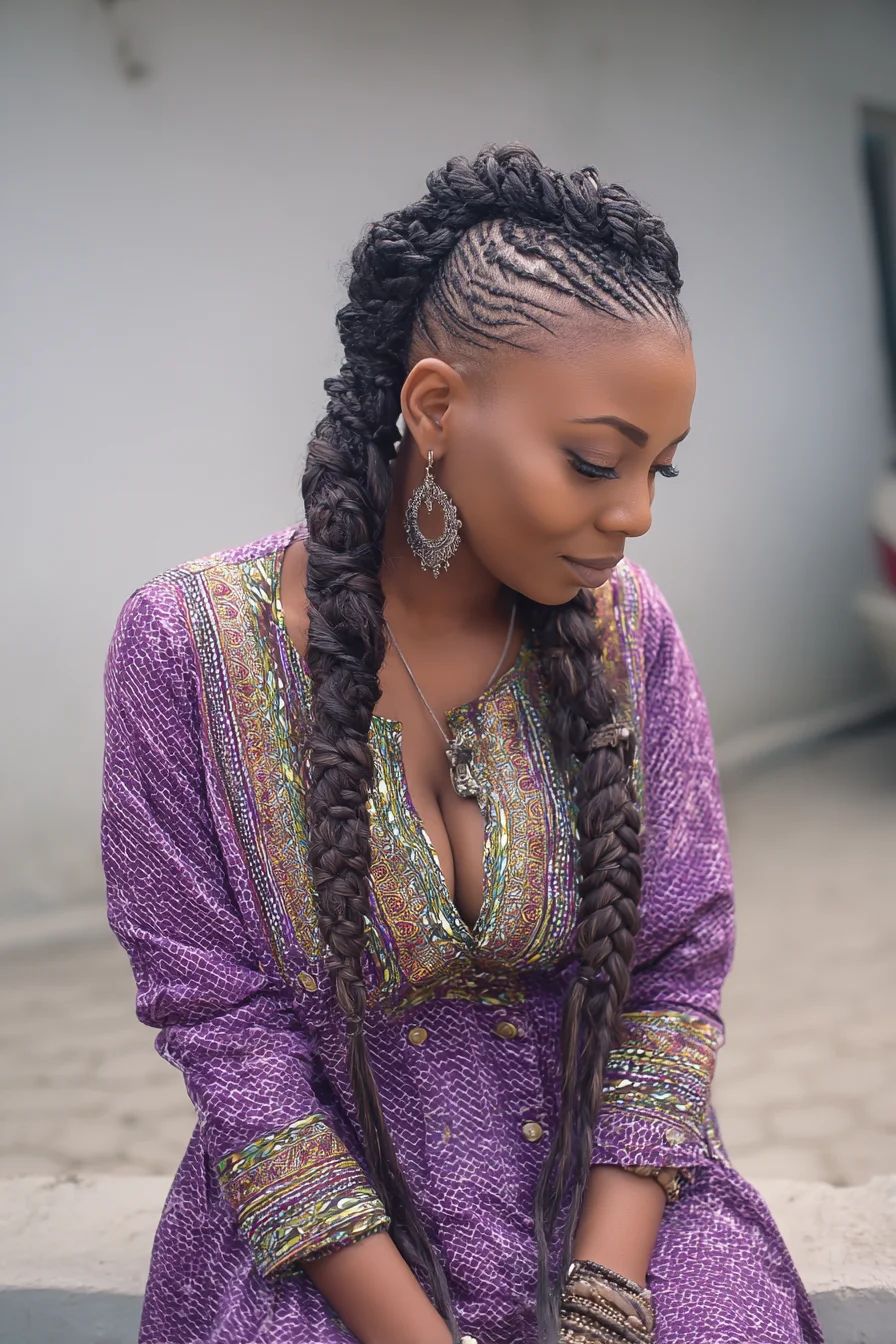 Feed‑in Cornrow Mohawk into Two Thick Goddess Braids — Protective Textured Style