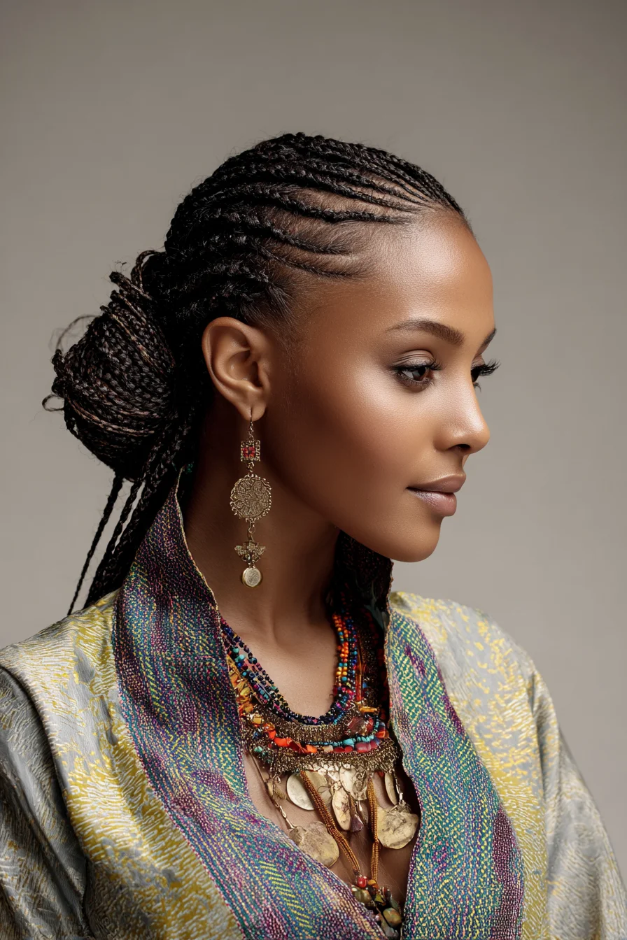 Feed‑In Cornrows into Low Braided Bun — Micro Box Braids Style