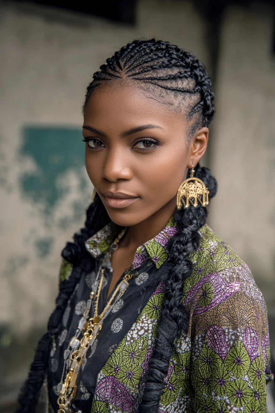 Feed‑in Cornrows Leading to Two Long Chunky Braids (Ghana/Boxer Style)