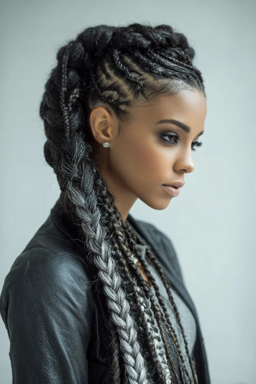Feed‑in Cornrows with Jumbo Braids and Silver‑Accent Extensions
