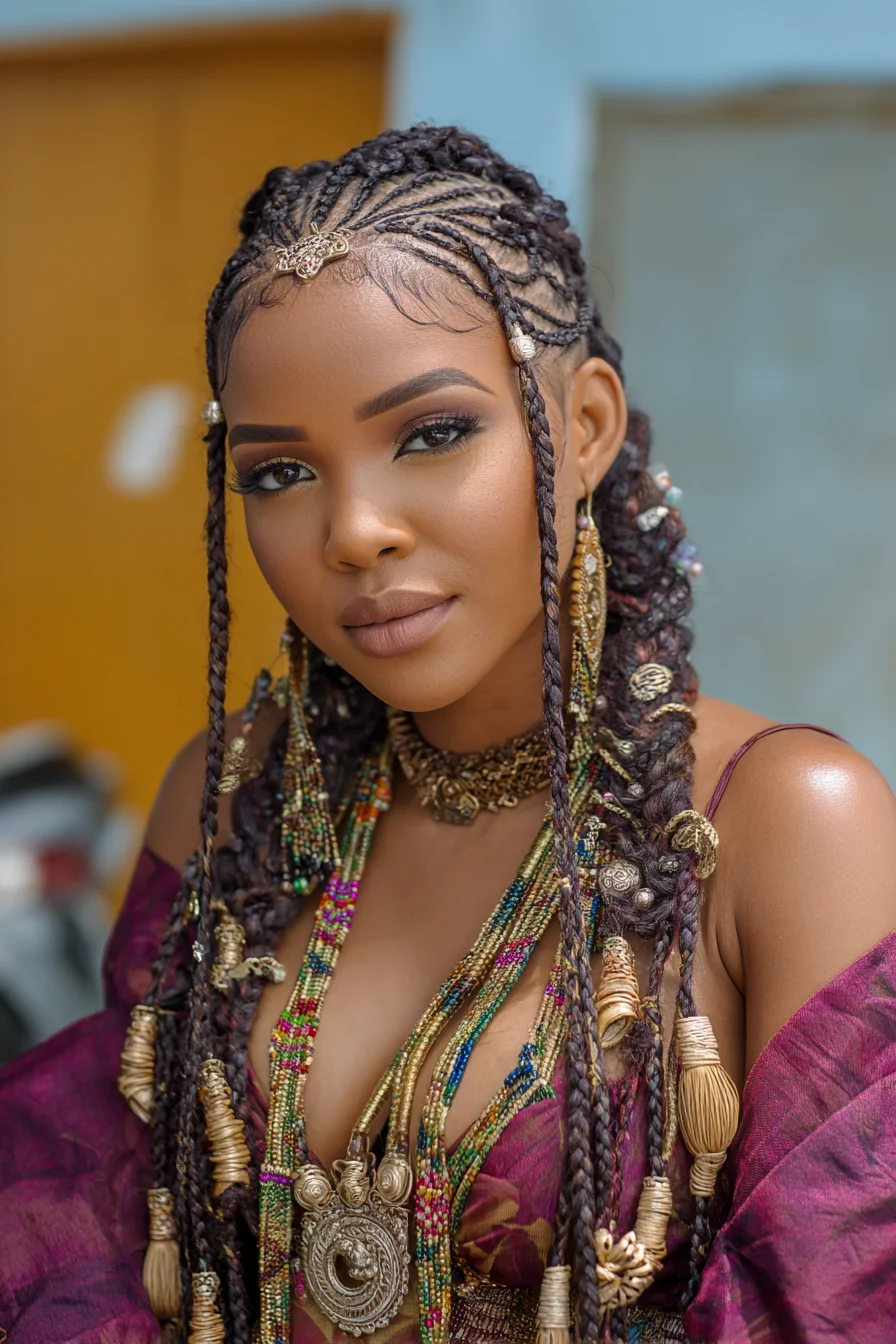 Feed‑In Cornrows with Long Decorative Braids and Bead Accents