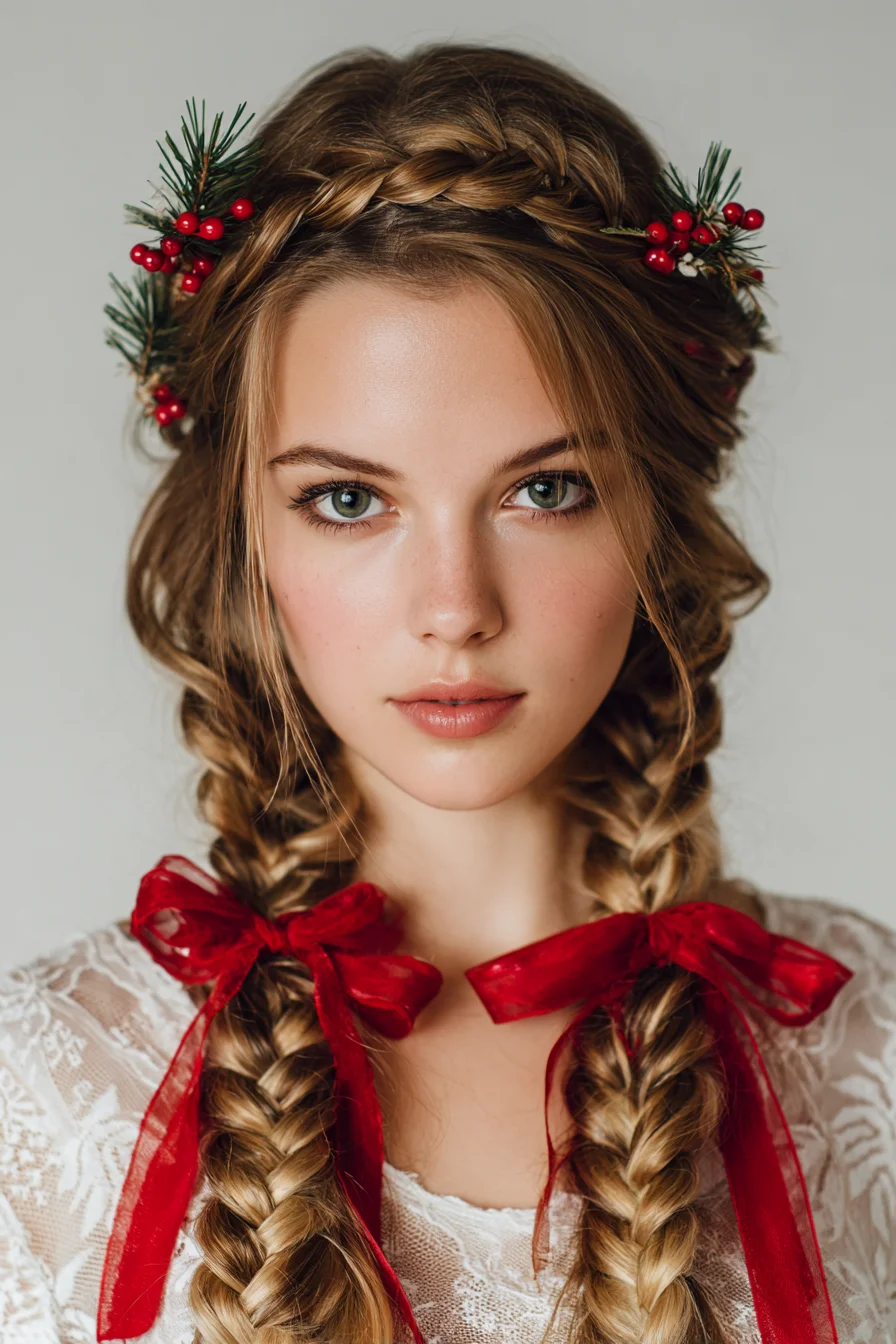 Festive Crown and Double Braids with Ribbon Accents (Holiday Hairstyle)