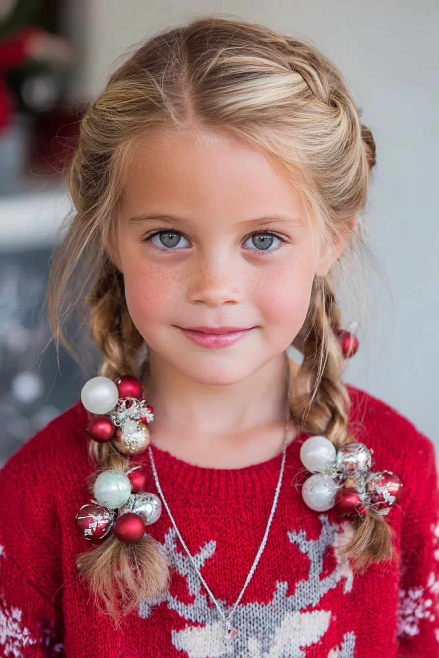 Festive Double Braids with Holiday Ornaments — braided, textured, decorated