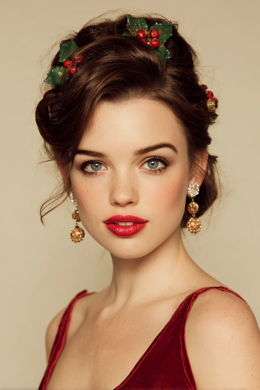 Festive Romantic Vintage Updo with Soft Waves and Holiday Accents