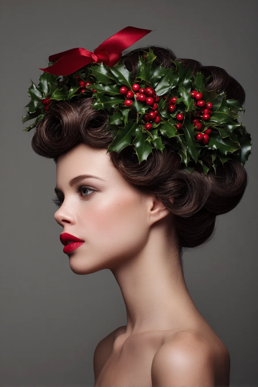 Festive Vintage Rolled Updo with Holly Crown