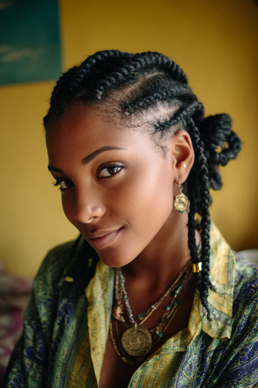 Flat Cornrow Feed-In Braids with Twisted Low Bun — Protective Natural Style