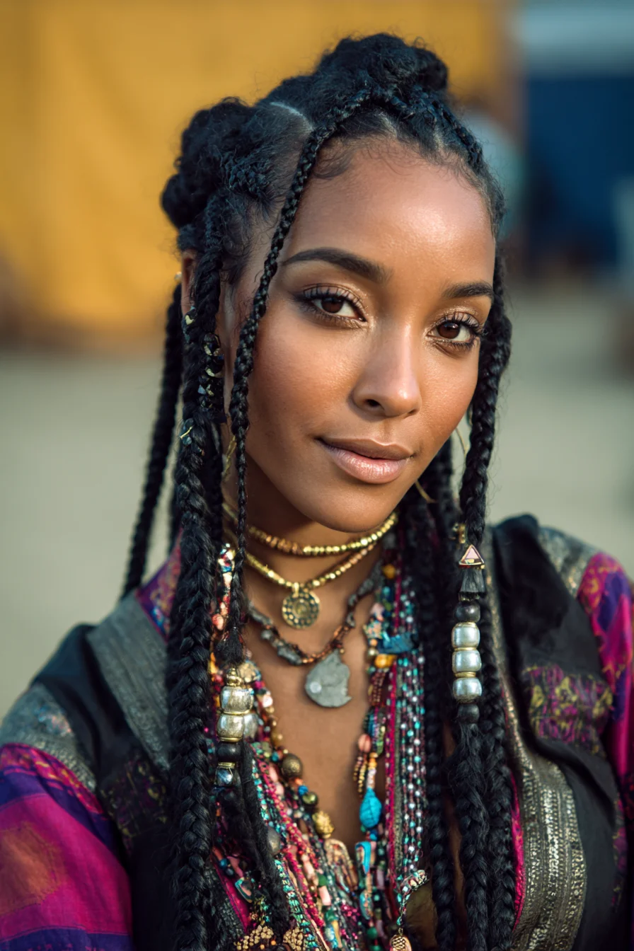 Half‑Up Cornrow Knot Buns with Long Beaded Box Braids