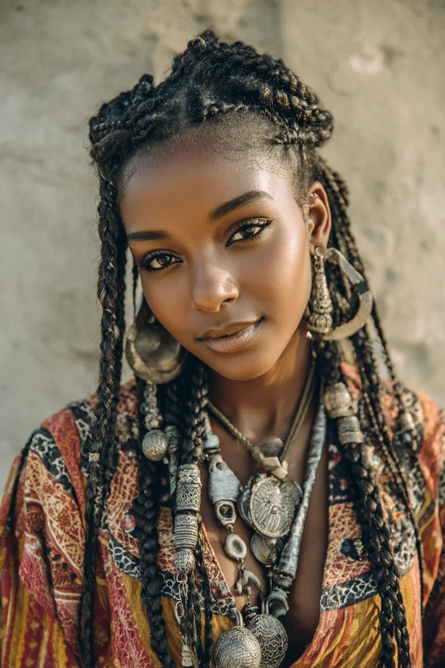 Half-Up Cornrowed Box Braids with Bead & Metal Cuff Accents