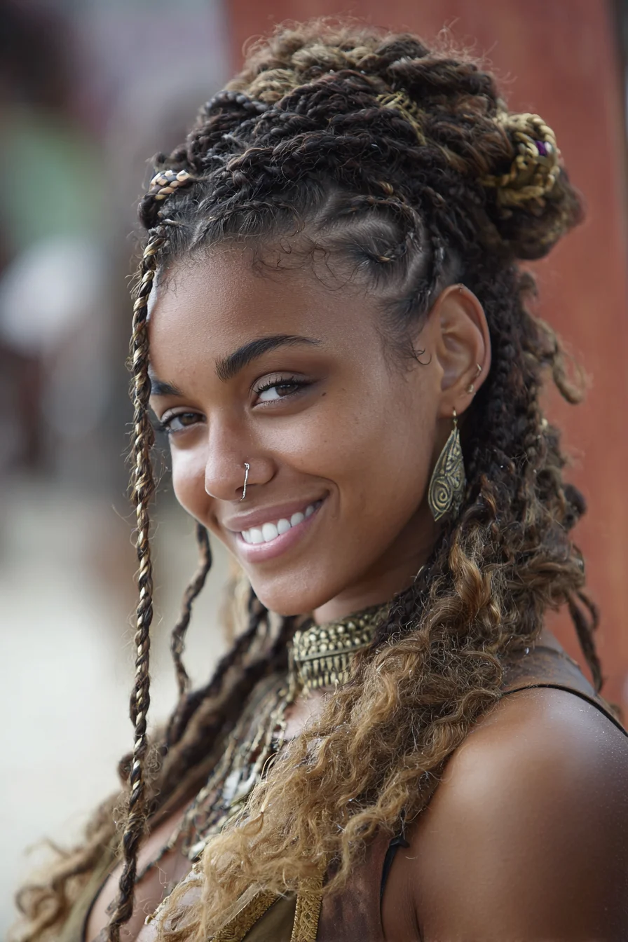 Half‑Up Cornrowed Sides with Two‑Strand Twists and Twisted Half‑Bun