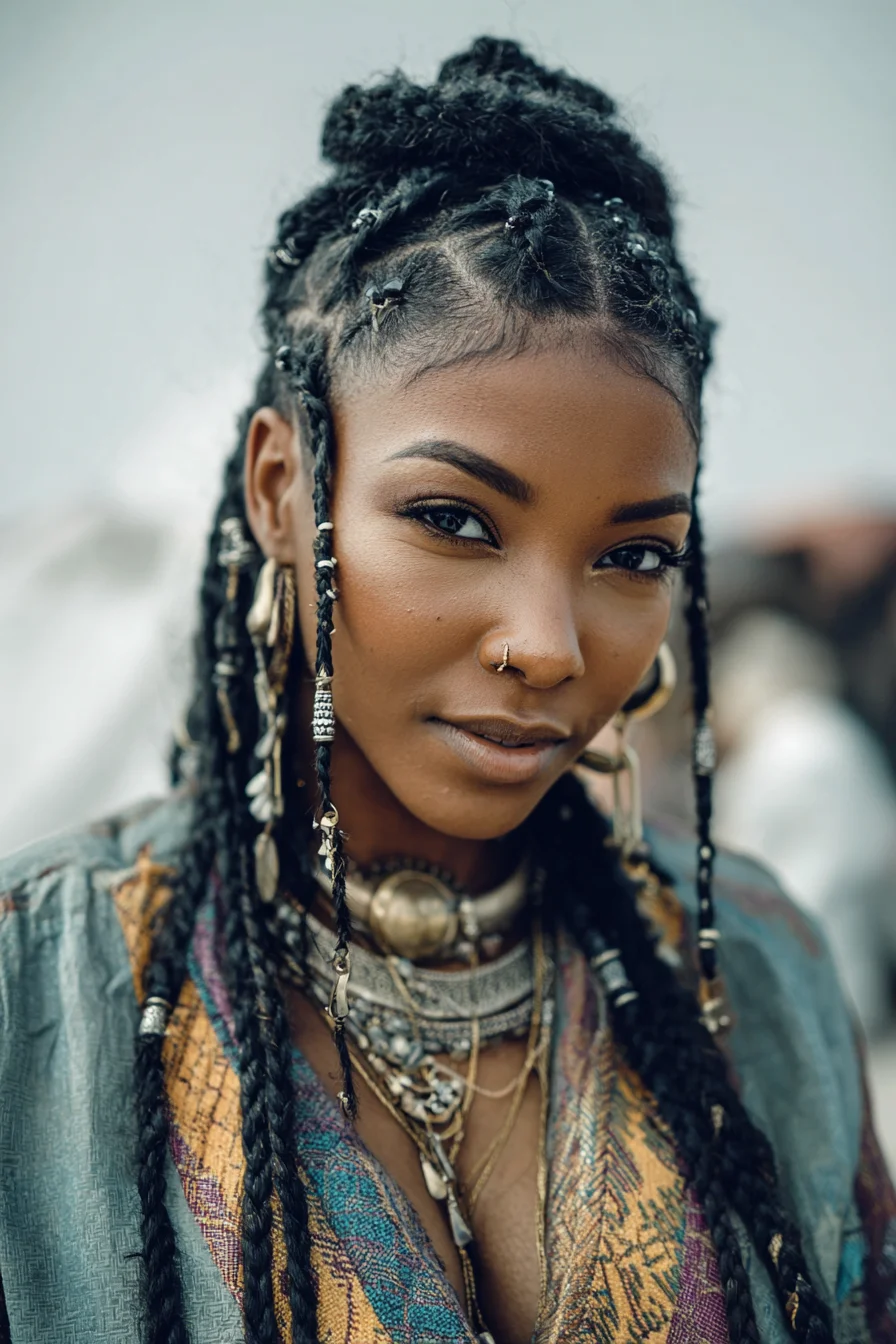 Half-Up Cornrows with Long Box Braids and Bead Accents