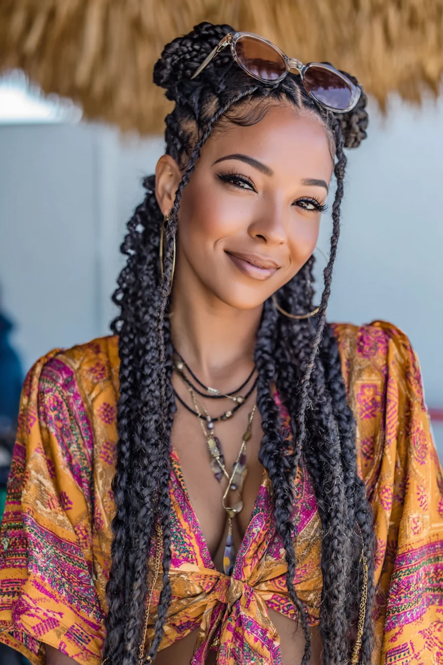 Half-Up Double Bun Box Braids with Face‑Framing Twists