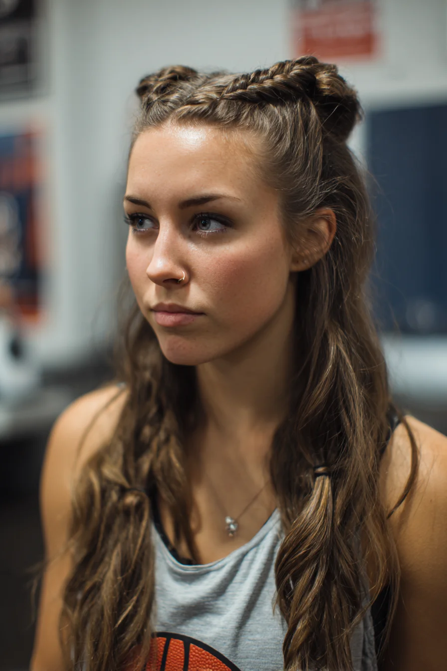Half-Up Double Dutch/Fishtail Braids into Mini Buns with Loose Beachy Waves