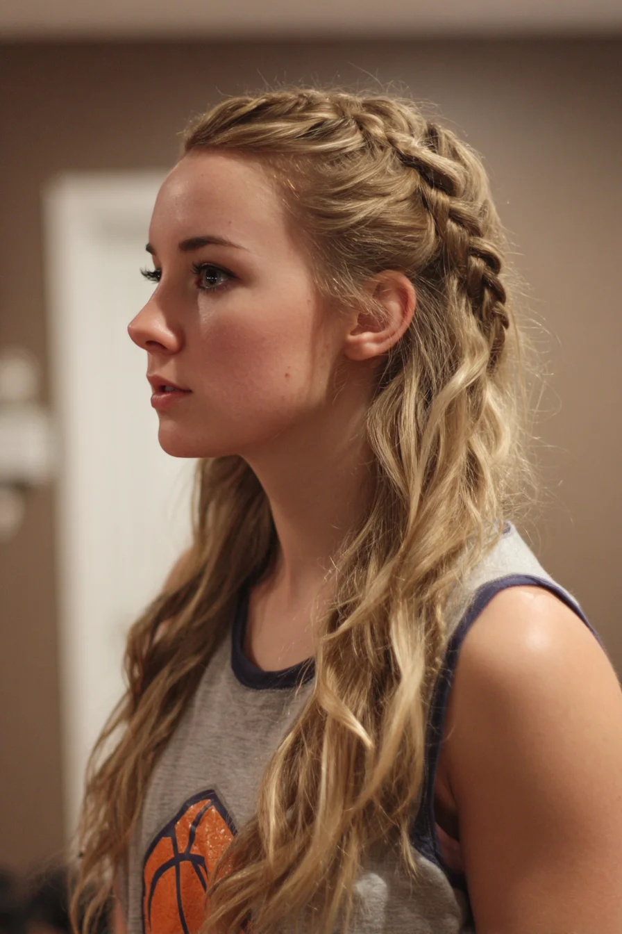 Half-Up Dutch Crown Braid with Loose Beach Waves