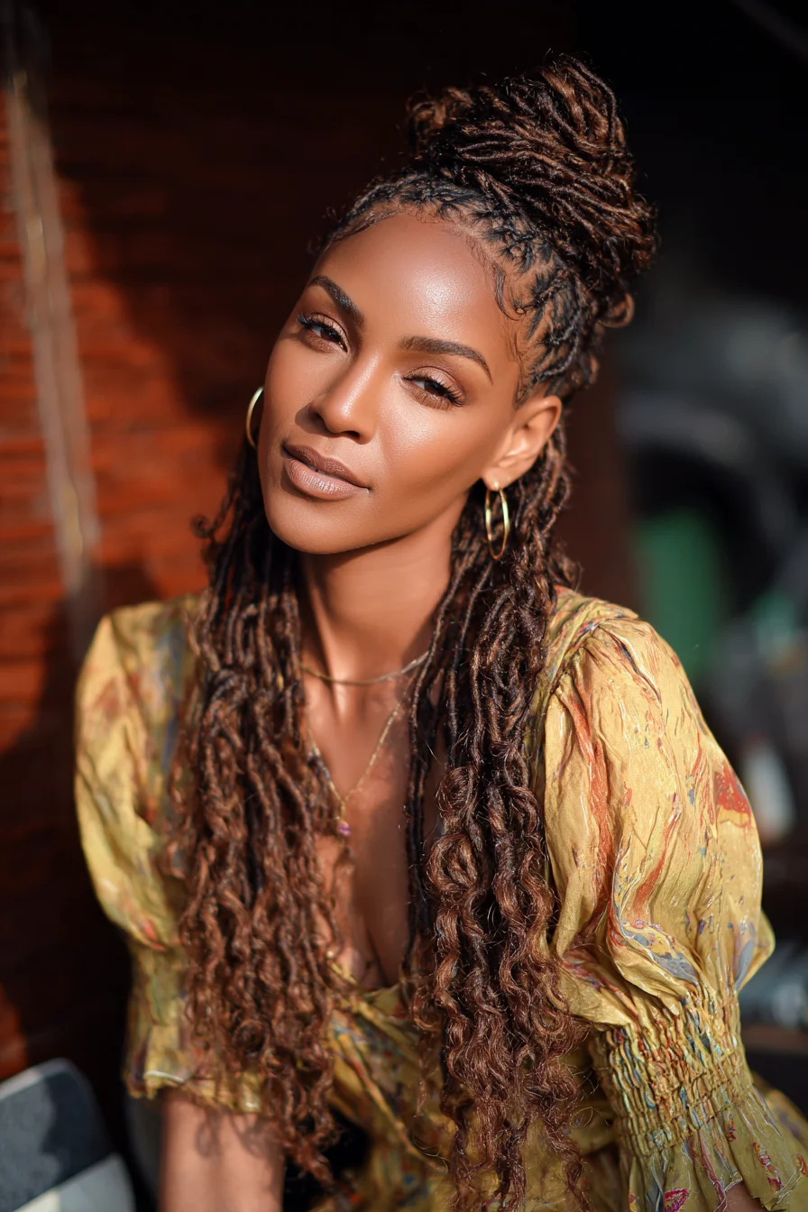 Half-Up Goddess Faux Locs with Top Knot and Soft Curled Ends
