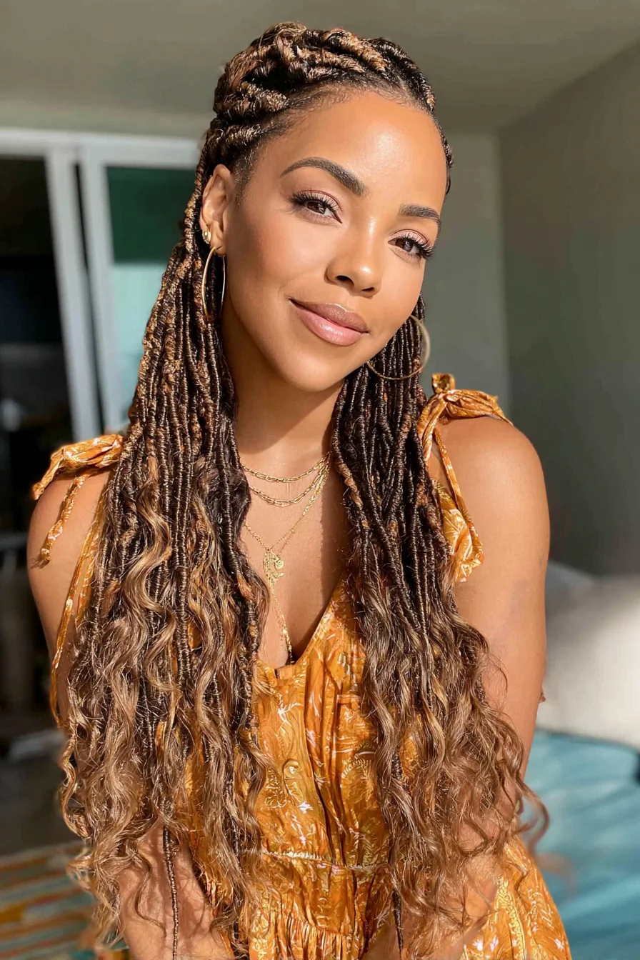 Half-Up Goddess Faux Locs with Wavy Beach Ends