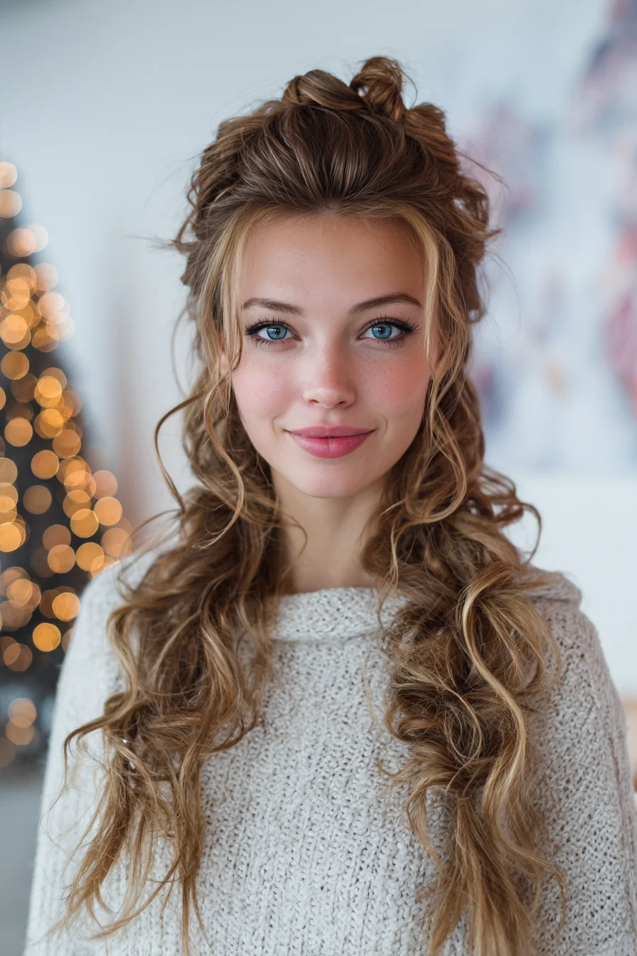 Half-Up Messy Curls with Face-Framing Tendrils